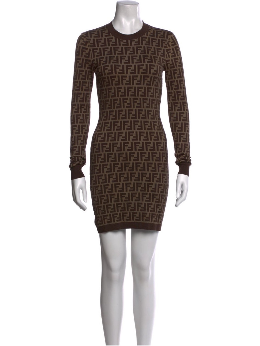 Fendi Brown Monogram Long-Sleeve Knit Bodycon Dress